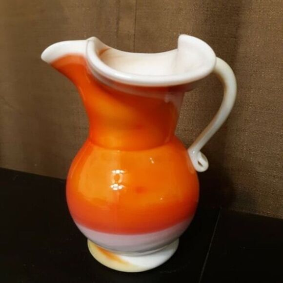 Vintage Kanawha Peachblow Cased Glass Pitcher Slag Orange Yellow Applied Handle - Picture 8 of 8